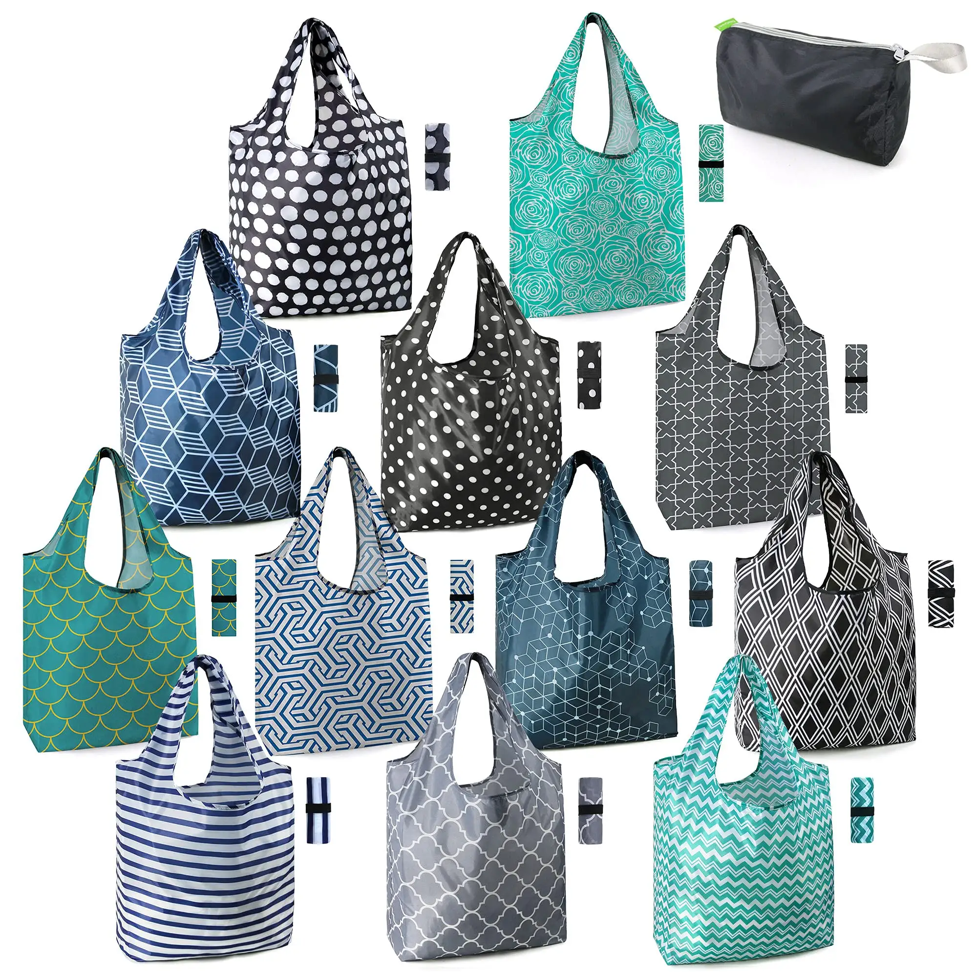 100% Recycled Reusable Grocery Polyester Lightweight Classic Geometric Design Gift Tote Grocery Bags with Elastic Band