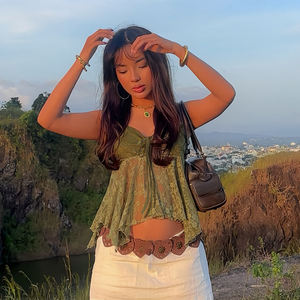 Forest Style Vintage Green Lace Cami <b>Top</b> <b>Women</b> Irregular Design <b>Sexy</b> V Neck Lightweight Summer Tank <b>Top</b> - Product Image 2