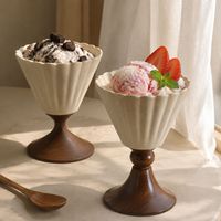 Cawan Es Krim Keramik Beralur dengan Alas Kayu Solid, Mangkuk Dessert Berlekuk 150ml, Set Penyaji Parfait Vintage