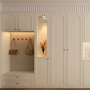 Armoire de rangement autoportante multifonctionnelle blanche crème de style français pour entrée, couloir et chambre, avec <span class=keywords><strong>banc</strong></span> intégré pour manteaux et chaussures - Product Image 1