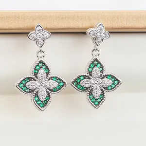 Redleaf Hot Sale 925 Sterling Silver 18K Gold Plated Four Leaf Green Color 5A Cubic Zirconia Stud Earring For Women