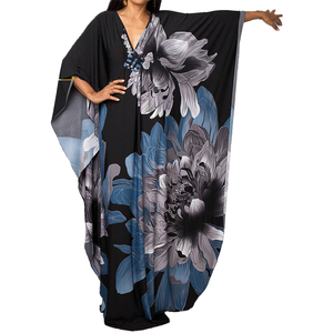 Women's Black Floral Print Breathable Flared Hem Maxi <b>Abaya</b> V-Neck Long Sleeve Loose Fit Polyester Modest Summer Daily Wear - Product Image 1