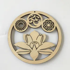 木製クリスタルグリッド神聖幾何学壁飾り、蓮の花または自然治癒の象徴であるオームシンボルが刻まれています - Product Image 4