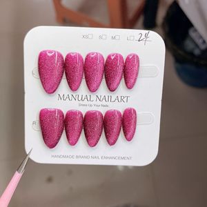 Faux ongles autocollants œil de chat couleur unie super brillants, forme amande courte carrée, en ABS, couvrance totale - Product Image 4