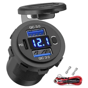 12V USB Outlet,Dual USB Quick Charge 3.0 Port & PD USB C Car Charger Socket with Voltmeter and Power Switch