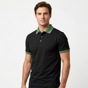 <b>Men's</b> Black <b>for</b> <b>Shirt</b> Green Collar Cuffs Short Sleeve Regular Fit Solid Color Casual Knit Pique Fabric 100% Cotton Anti-Wrinkle - Product Image 1