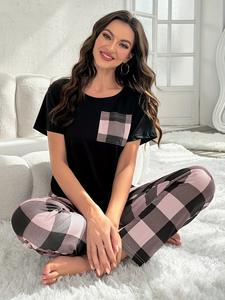 2025ผ้าไหมนมแขนสั้นของผู้หญิงชุดนอนแบบบางพิมพ์ลายตารางหมากรุกสำหรับฤดูร้อน - Product Image 2