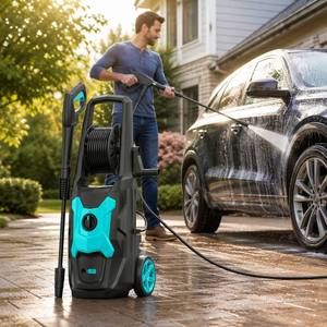 Nettoyeur haute pression électrique 2000W avec enrouleur de tuyau, conception X-Panel, machine de lavage de voiture portable, nettoyeur puissant, accent cyan, usage intensif - Product Image 2
