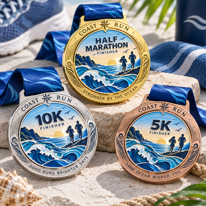 Médaille personnalisée de finisseur de demi-marathon, médaille de récompense pour événement de course côtière, médaille souvenir de compétition sportive personnalisée avec ruban - Product Image 1