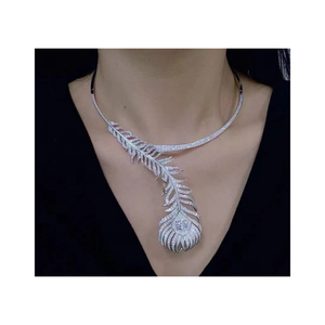 LAVINA Luxury Unisex Vintage Tai <b>Silver</b> Zircon Rhodium Plated 16.5inch <b>Feather</b> Statement Choker <b>Necklace</b> - Product Image 1