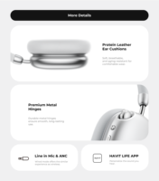 Casque sans fil à réduction de bruit Havit H670bt 100H -45dB ANC adaptatif Contrôle par application Jumelage de deux appareils Casque supra-auriculaire