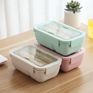 BPA Kotak Makan Siang Plastik untuk Anak-anak, Kotak Makan Siang Plastik Sedotan dengan Sendok Sumpit untuk Sekolah Jepang