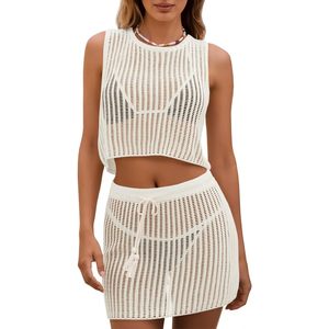 Womens 2 Piece <b>Crochet</b> <b>Set</b> Sleeveless Crop Top Mini Skirt Hollow Out Beach Cover Up Vacation Outfit Cotton Bamboo Fiber - Product Image 1
