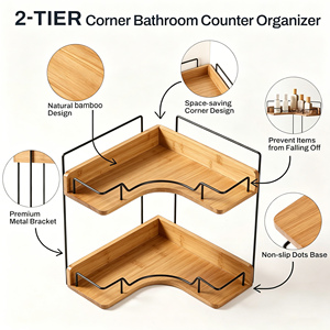 Étagère d'angle de salle de bain à 2 niveaux en bambou avec acier inoxydable 304, support de rangement en bois pour comptoir de salon - Product Image 3