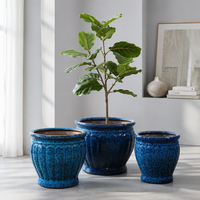 Ensemble de 3 pots de plantes extra-larges, style européen, fournitures de jardin, 50 cm, pot en céramique bleu glacé pour l'extérieur