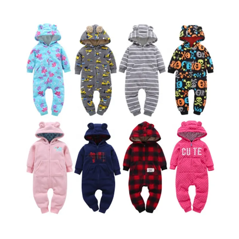 Hooded boys girls winter baby romper jumpsuit design thick zipper fleece baby pajamas