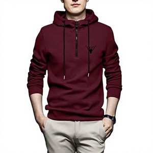 Sweat-shirt à capuche mi-zippé doublé pour homme, couleur bordeaux unie, avec logo cerf, coupe classique, tricoté, 100% numérique, design personnalisé, pour tenue formelle - Product Image 1
