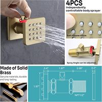 Système de douche Honajo à 3 poignées, plafonnier LED 16x32 pouces avec jets de pluie et cascade, 6 jets latéraux, interrupteur marche/arrêt, douchette à main 2-en-1