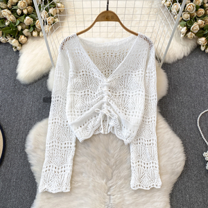 Blusa de Tricô Fina Estilosa para Primavera e Outono - Decote em V, Caimento Solto, Cordões Ajustáveis, Design Coreano Vazado - Product Image 5