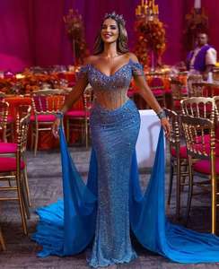 Dubai arapça mavi Mermaid abiye şal pelerin kapalı omuz Glitter boncuk balo elbise abiye Vestidos - Product Image 4