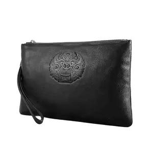 Özel Logo siyah tam tahıl gerçek deri debriyaj çanta hakiki deri el çantası