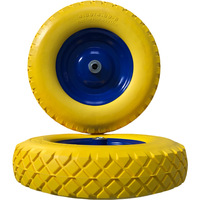 Roue en mousse PU 4.00-8, pleine et anti-crevaison, avec bande de roulement jaune à picots et jante en acier peinte bleu, pour chariot à main et brouette
