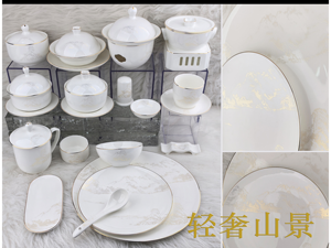 Service de Table en Céramique Élégant avec Incrustations Dorées et Motifs Scéniques, Nouveau Style Chinois, Kit de Tasses, Résistant au Lave-Vaisselle, Durable, Pour Plus de 10 Utilisateurs - Product Image 1