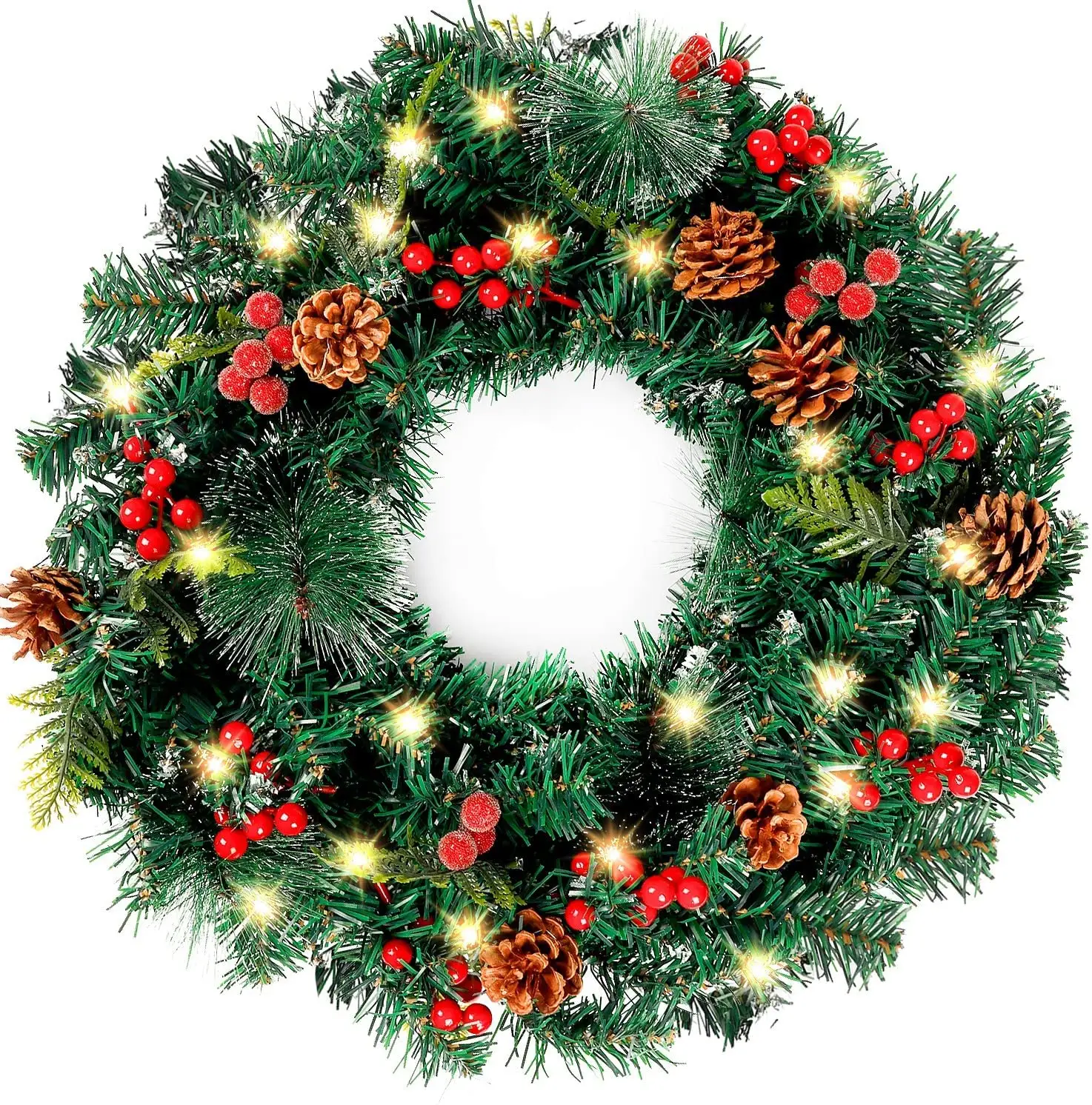 LED Lights 22 Inches with Red Berries and Pinecones Christmas Wreath for Front Door Decoration Winter Xmas Indoor Outdoor Use