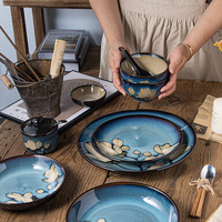 Vaisselle japonaise peinte à la main Magnolia couleur sous glaçure tournée au four, bol de nouilles et de riz créatif, assiette à poisson pour la fête