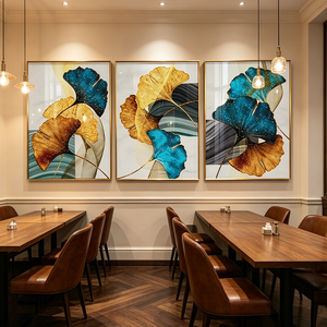 Modern Custom Glitter Gold Teal Ginkgo Leaf 3 Panel Wall Art <b>Framed</b> Abstract Living Room LED Crystal Porcelain <b>painting</b> Decor - Product Image 4