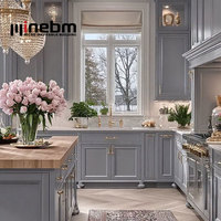 Armoires de cuisine grises brillantes de luxe, armoires de cuisine en bois style Shaker, ensemble d'armoires de cuisine sur mesure avec îlot pour projet résidentiel