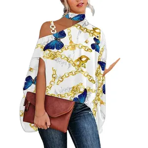 Summer Fashion Sexy Halter Loose Blouse Tops Women's Elegant Print Off Shoulder Batwing Sleeve Pullover Shirt