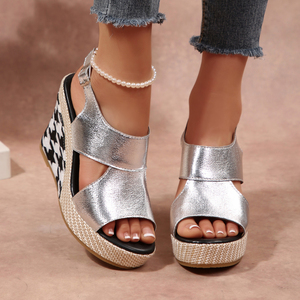 Sandales compensées pour femmes, personnalisables OEM/ODM, direct usine, couleur or métallisé unie, style espadrille, plateforme, bout ouvert, talon slingback - Product Image 6