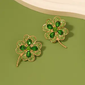 Good Luck Green Clover Rhinestone Stud Earrings for Women with Colorful Diamond Pearl Earrings