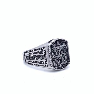 Men's Two Tone Gold Silver Geometric <b>Ring</b> Micro Pave Black Diamonds Everyday Wear <b>Fine</b> Jewelry - Product Image 2
