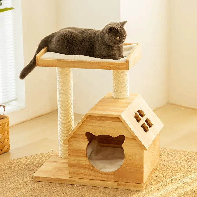 Высококачественный дом для кошек, деревянная пещера, однотонное гнездо для котенка, мини-Кошачье дерево, комнатный сизаль, Когтеточка, многоуровневый Кондо