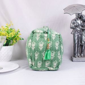 Bolsas de Maquillaje Ecológicas Verdes, Organizador Cosmético de Algodón Acolchado Personalizado, Bolsa de Viaje con Cierre y Borlas para Mujer, Estampado a Mano - Product Image 5