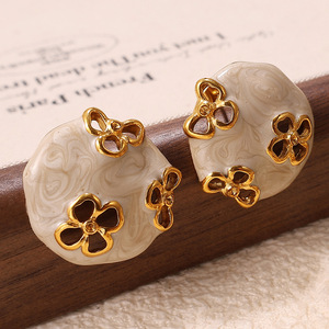 Chinese Style Enamel Flower Stud <b>Earrings</b> Zinc Alloy Stainless Steel <b>Post</b> Party Fashion Jewelry for Women - Product Image 2