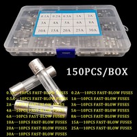 Kit d'échantillons de fusibles en verre de 150 pièces, 5x20mm, 15 types avec 10 fusibles chacun, fusibles à action rapide 0.1A-30A