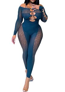 Jumpsuit Wanita Berbahan Mesh dengan Aksen Mutiara, Model Bodycon Lengan Panjang dan Potongan Cutout - Product Image 6