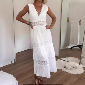 Robe longue décontractée d'été en satin pour femme, respirante, col en V, sans manches, avec empiècements en <span class=keywords><strong>dentelle</strong></span>, logo brodé sur le devant, taille naturelle, couleur unie - Product Image 6