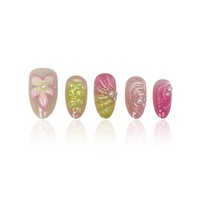 Set Perlengkapan Kuku Palsu Almond Reusable Press On Nail Art Grosir Y65 Factory, Warna Hijau Pink Bunga
