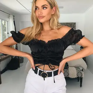 INS Europe USA Hot Sale Women Short Elastic Sleeve Off Shoulder Frilled Ruched Strips Tied Sexy Crop Top