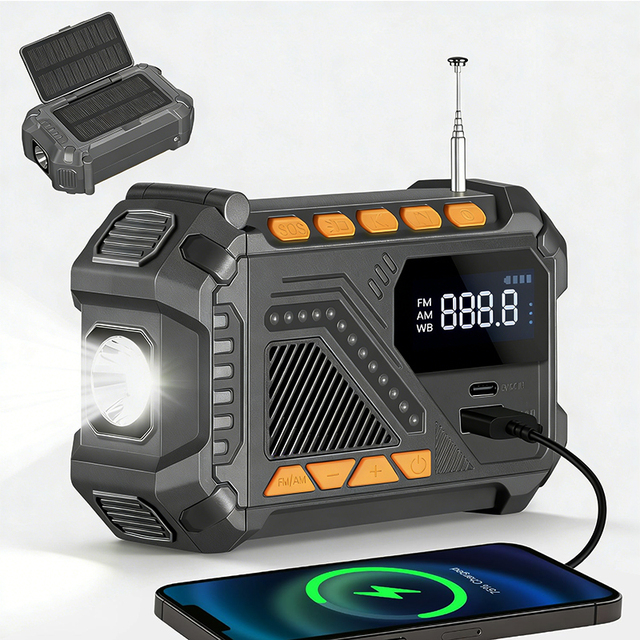 Solar Hand Crank AM/FM Emergency Radio 5000mAh NOAA Weather Flashlight SOS Alert Portable Outdoor Survival ABS for for