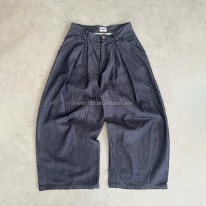 Jean en denim pour homme, coupe large, 14 oz, plissé, en denim brut, coton bleu, selvedge japonais, style baggy - Product Image 1