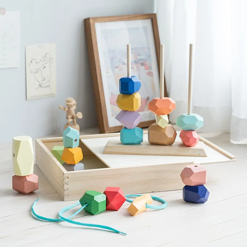 Piedras de apilamiento de madera Montessori, piedras de equilibrio de madera, juego de bloques de roca, juguetes educativos coloridos