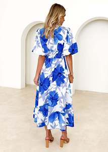 Abito Lungo in Chiffon con Stampa Floreale Elegante 2024 per Donne e Ragazze, Vita Alta, Scollo a V con Maniche a Lanterna, Ultimo Modello - Product Image 4