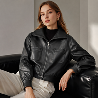 Veste en cuir d'agneau véritable pour femme, col à revers large, fermeture éclair, coupe courte, poches plaquées, style vintage