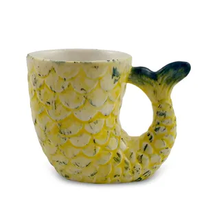 Wholesale customized Ceramic Mermaid Coffee Mug Gift Embossed Mermaid Beverage Cup Stoneware Handpainted Promotion 3D Mug