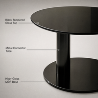 Table basse moderne minimaliste noire à finition brillante, durable, avec plateau en verre trempé et support métallique, mobilier de luxe pour salon